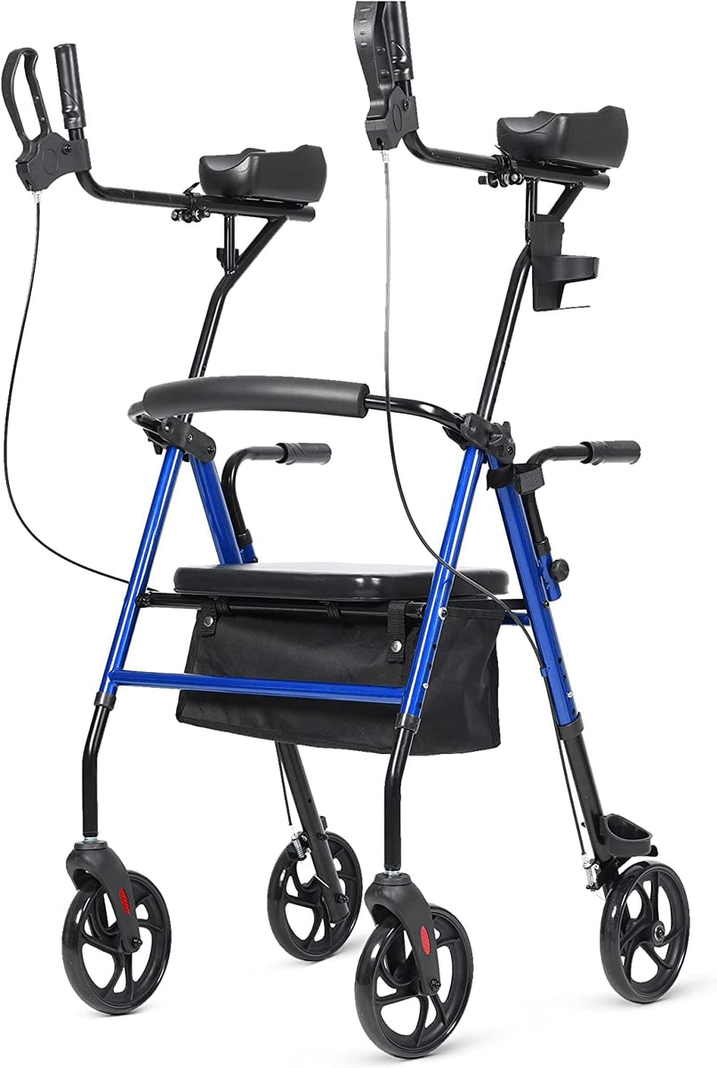 Elenker® Adjustable Height Rolling Walker with Padded Seat & Backrest |  Under-Seat Pouch, Cane/Umbrella Holder, Dual Brake System, One-Hand Folding