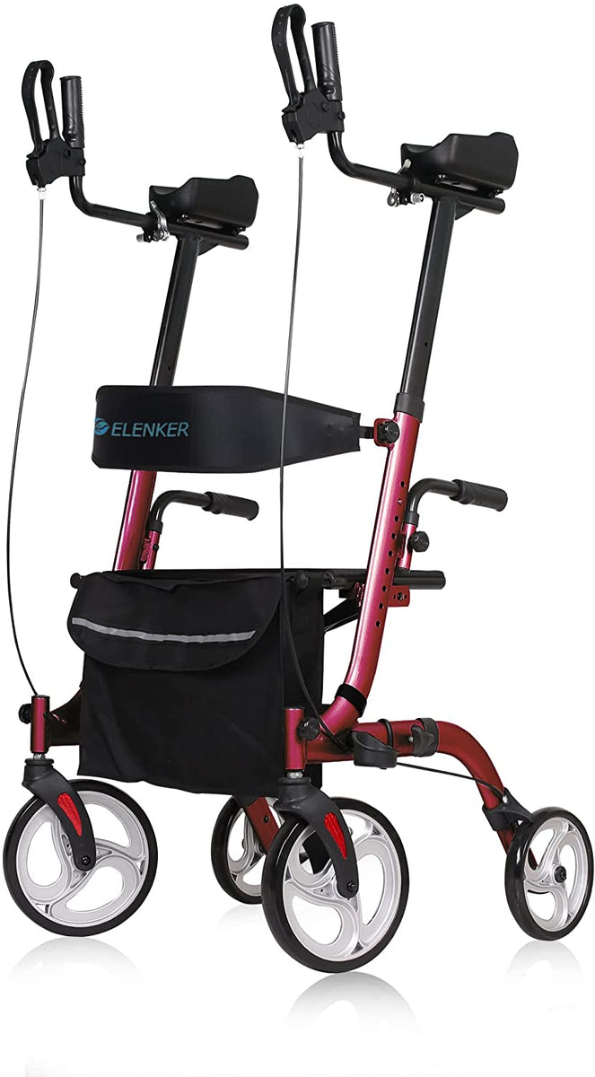 ELENKER® Upright Walker Stand Up Folding Rollator Walker Back Erect Rolling  Mobility Walking Aid with Seat Red