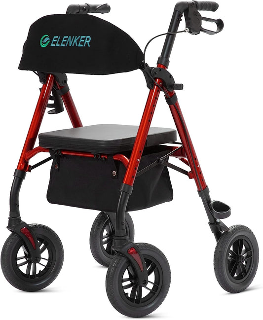 ELENKER® KLD-9218-10 All-Terrain Rollator Walker with 10” Non-Pneumatic Wheels Sponge Padded Seat and Backrest, Fully Adjustment Frame for Seniors Red