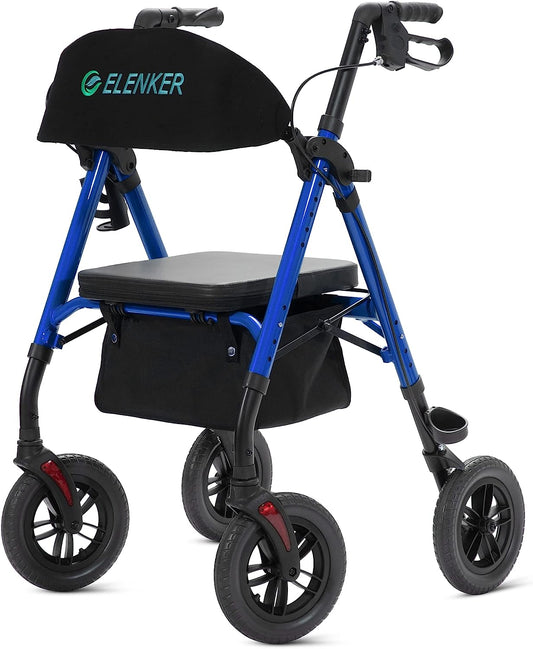 ELENKER®  KLD-9218-10 All-Terrain Rollator Walker with 10” Non-Pneumatic Wheels, Sponge Padded Seat and Backrest, Fully Adjustment Frame for Seniors Blue