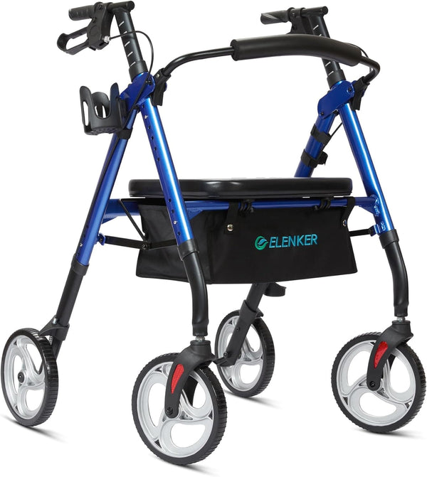 HFK-9219KD-1 ELENKER Heavy Duty Rollator Walker with Extra Wide Padded Seat and Backrest, Bariatric Rolling Walker, 10” Wheels, Fully Adjustment Frame for Seniors, Red