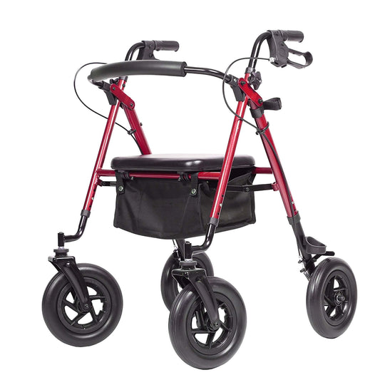 ELENKER ® HFK-9236D4 All-Terrain Rollator Walker with 10” Rubber Wheels, Padded Seat & Backrest, Under-seat Basket for Seniors Red