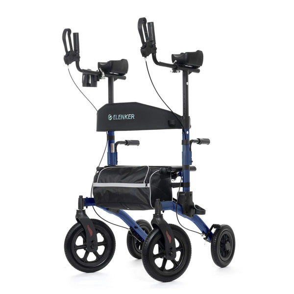 ELENKER ® HFK-9240-2 All-Terrain Upright Rollator Walker, Stand up Rolling Walker with Seat, 12” Non-Pneumatic Wheels, Compact Folding Design for Seniors Blue