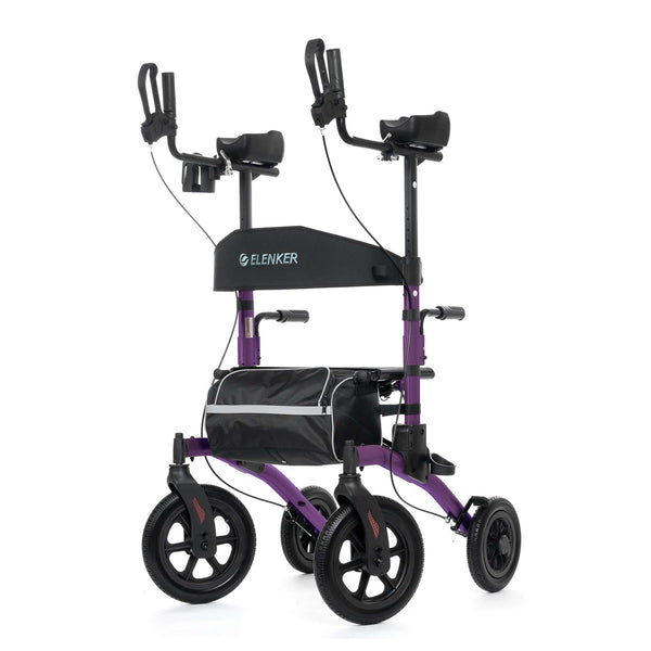 ELENKER ® HFK-9240-2 All-Terrain Upright Rollator Walker, Stand up Rolling Walker with Seat, 12” Non-Pneumatic Wheels, Compact Folding Design for Seniors Purple