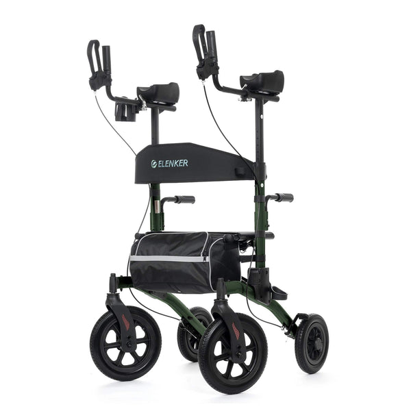 ELENKER ® HFK-9240-2 All-Terrain Upright Rollator Walker, Stand up Rolling Walker with Seat, 12” Non-Pneumatic Wheels, Compact Folding Design for Seniors Green