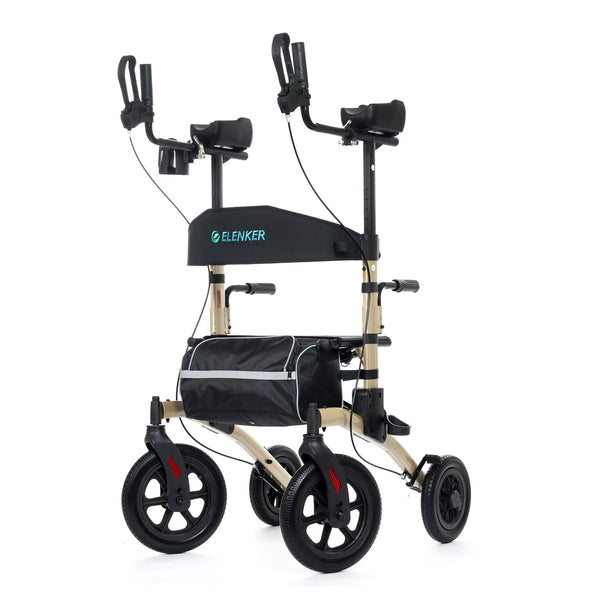 ELENKER ® HFK-9240-2 All-Terrain Upright Rollator Walker, Stand up Rolling Walker with Seat, 12” Non-Pneumatic Wheels, Compact Folding Design for Seniors Champagne