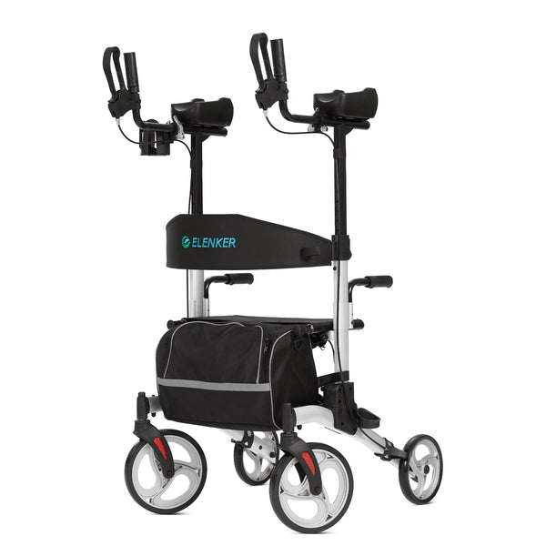 HFK-9240  ELENKER® Upright Walker, Stand Up Folding Rollator Walker with 10” Front Wheels Backrest Seat and Padded Armrests for Seniors and Adults Silver