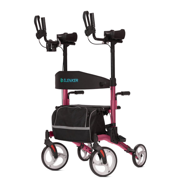 HFK-9240 ELENKER® Upright Walker, Stand Up Folding Rollator Walker with 10” Front Wheels Backrest Seat and Padded Armrests for Seniors and Adults Bright red Refurbished