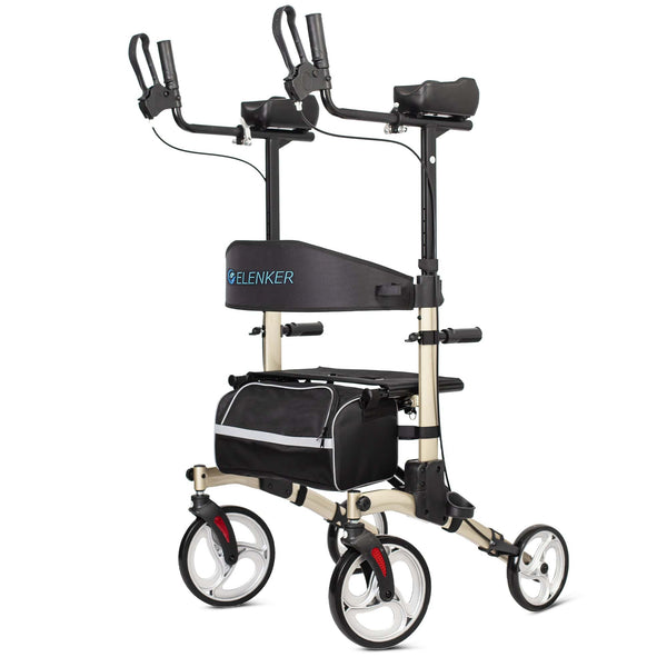 HFK-9240 ELENKER® Upright Walker, Stand Up Folding Rollator Walker with 10” Front Wheels Backrest Seat and Padded Armrests for Seniors and Adults champagne Refurbished