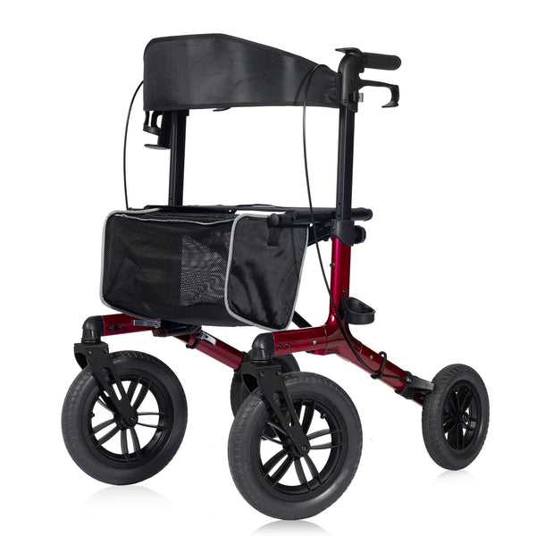 KLD-9212 ELENKER® All-Terrain Rollator Walker with Non-Pneumatic Tire 12” Front Rubber Wheels, Compact Folding Design for Seniors, Red