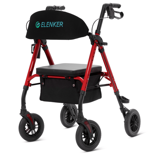 ELENKER® KLD-9218-10 All-Terrain Rollator Walker with 10” Non-Pneumatic Wheels Sponge Padded Seat and Backrest, Fully Adjustment Frame for Seniors Red