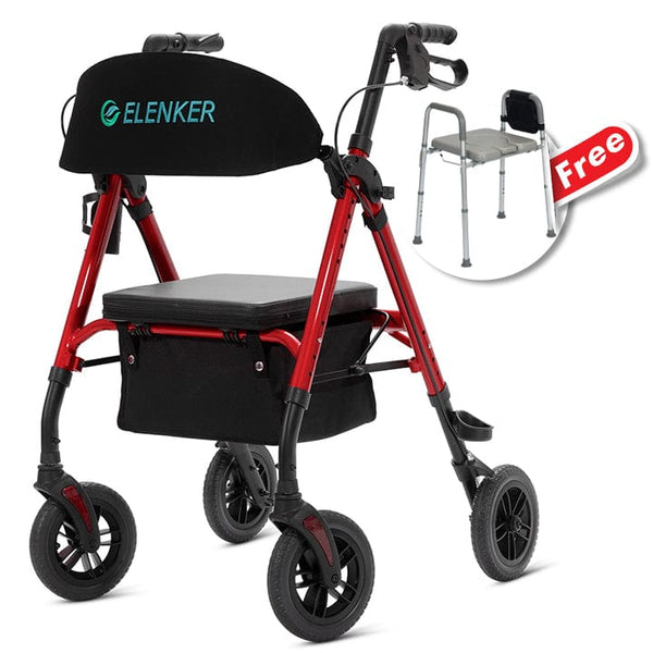 ELENKER® KLD-9218 All-Terrain Rollator Walker 8” Red