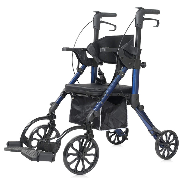 KLD-9269  ELENKER®  2 in 1 Rollator Walker & Transport Chair Folding Wheelchair Rolling Mobility Walking Aid with Seat Belt Padded Seat and Detachable Footrests for Adult Blue