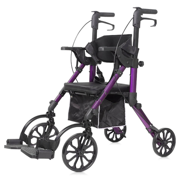 KLD-9269  ELENKER®  2 in 1 Rollator Walker & Transport Chair Folding Wheelchair Rolling Mobility Walking Aid with Seat Belt Padded Seat and Detachable Footrests for Adult Seniors Purple