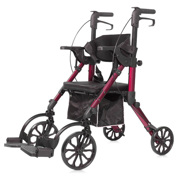 KLD-9269  ELENKER®  2 in 1 Rollator Walker & Transport Chair Folding Wheelchair Rolling Mobility Walking Aid with Seat Belt Padded Seat and Detachable Footrests for Adult Red