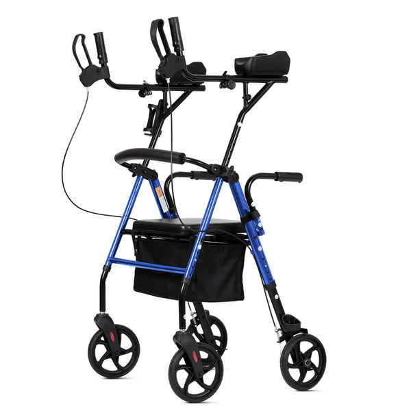 ELENKER® MT-8151 Upright Walker Stand Up Rollator Walker with Padded Seat and Backrest Lightweight Compact Folding Fully Adjustment Frame for Seniors Blue Refurbished