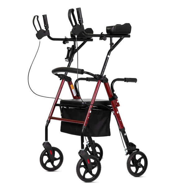 ELENKER® MT-8151 Upright Walker Stand Up Rollator Walker with Padded Seat and Backrest Lightweight Compact Folding Fully Adjustment Frame for Seniors Red