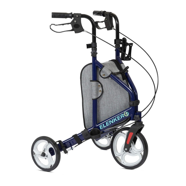 ELENKER YF-9006 3 Wheel Rollator Walker for Seniors, Three Wheeled Mobility Aid with 10” Wheels and Zipper Storage Pouch, Foldable, Narrow for Small & Tight Spaces Blue