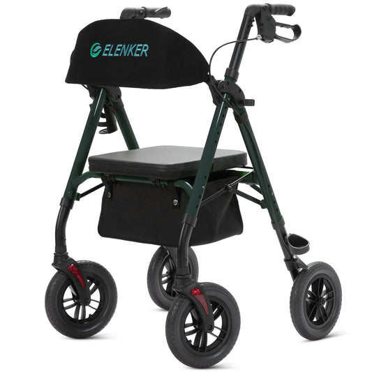 ELENKER®  KLD-9218-10 All-Terrain Rollator Walker with 10” Non-Pneumatic Wheels, Sponge Padded Seat and Backrest, Fully Adjustment Frame for Seniors Green