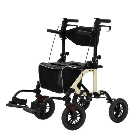 ELENKER® KLD-9224 All-Terrain 2 in 1 Rollator Walker & Transport Chair, Folding Wheelchair with 10in Non-Pneumatic Wheels for Seniors, Reversible Backrest & Detachable Footrests NEW