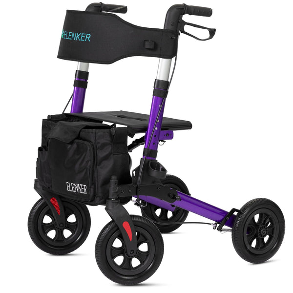 ELENKER ® HFK-9202E All-Terrain Rollator Walker with Seat, Outdoor Rolling Walker, 10” Non-Pneumatic Tire Wheels Compact Folding Design for Seniors Purple