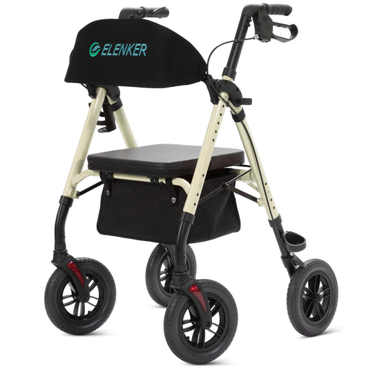 ELENKER®  KLD-9218-10 All-Terrain Rollator Walker with 10” Non-Pneumatic Wheels, Sponge Padded Seat and Backrest, Fully Adjustment Frame for Seniors Champagne