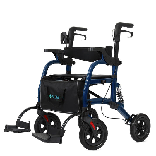 HFK-9294  ELENKER®  All-Terrain 2 in 1 Rollator Walker & Transport Chair for with 10” Non-Pneumatic Wheels Seniors, Folding Rolling Walker Wheelchair Combo with Wide Seat and Shock Absorber NEW