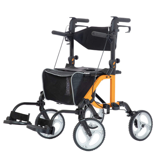 ELENKER® KLD-9224 All-Terrain 2 in 1 Rollator Walker & Transport Chair, Folding Wheelchair with 10in Non-Pneumatic Wheels for Seniors, Reversible Backrest & Detachable Footrests  Orange