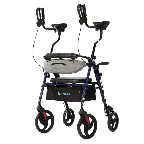 ELENKER YF-9008C Upright Rollator Walker, Stand Up Walkers for Seniors with Armrest, Front Pouch, 10”Wheels, Sponge Padded Seat and Backrest, Fully Adjustment Frame, Blue