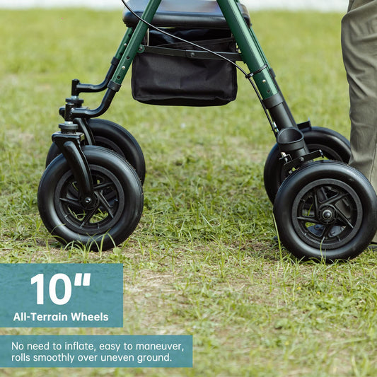 ELENKER ® HFK-9236D4 All-Terrain Rollator Walker with 10” Rubber Wheels, Padded Seat & Backrest, Under-seat Basket for Seniors Green