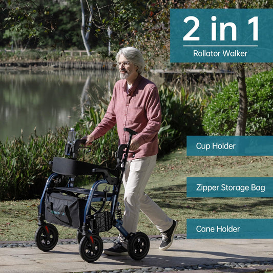 HFK-9294  ELENKER®  All-Terrain 2 in 1 Rollator Walker & Transport Chair for with 10” Non-Pneumatic Wheels Seniors, Folding Rolling Walker Wheelchair Combo with Wide Seat and Shock Absorber NEW