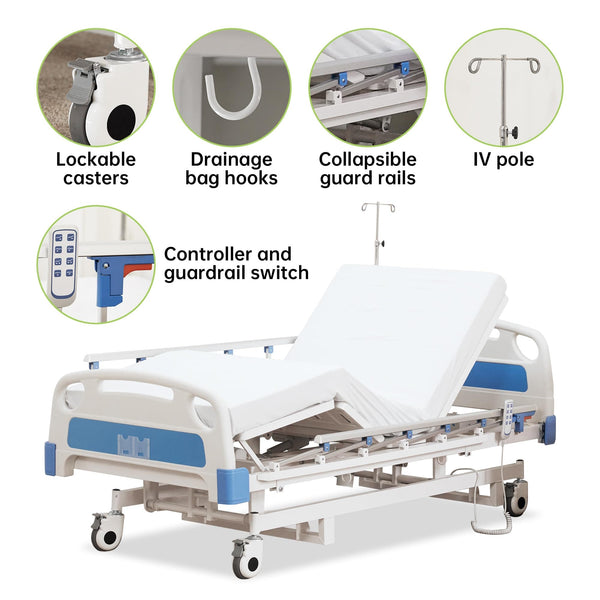 DH-6A431C ELENKER Premium 3 Function Full Electric Hospital Bed for Home and Hospital use (with Mattress & IV Pole), High Quality Motor