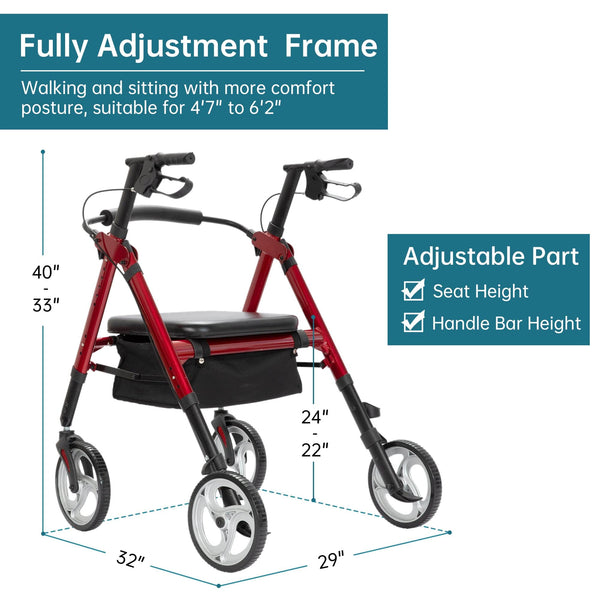 HFK-9219KD-1 ELENKER Heavy Duty Rollator Walker with Extra Wide Padded Seat and Backrest, Bariatric Rolling Walker, 10” Wheels, Fully Adjustment Frame for Seniors, Red