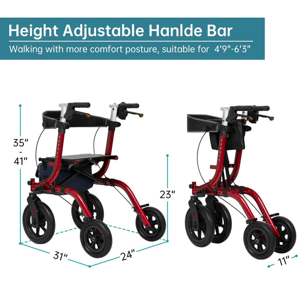 HFK-9210KD-3 All-Terrain Rollator Walker with Seat, Outdoor Rolling Walker, 12” Non-Pneumatic Tire Front Wheels, Compact Folding Design for Seniors Red