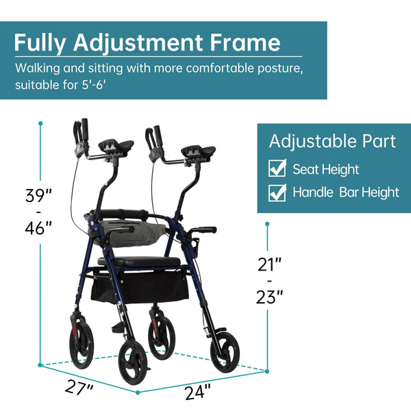 ELENKER YF-9008C Upright Rollator Walker, Stand Up Walkers for Seniors with Armrest, Front Pouch, 10”Wheels, Sponge Padded Seat and Backrest, Fully Adjustment Frame, Blue