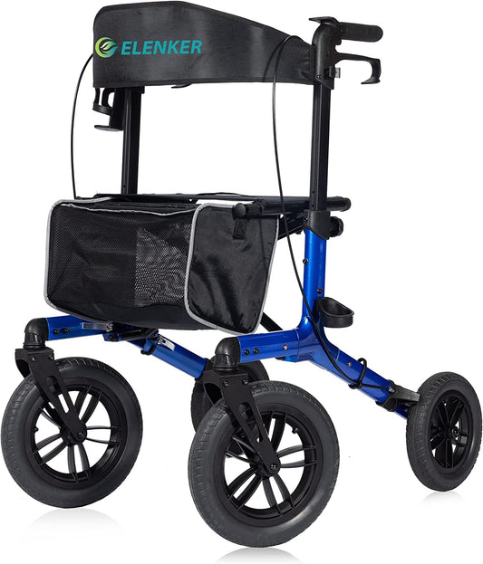 KLD-9212 ELENKER® All-Terrain Rollator Walker with Non-Pneumatic Tire 12” Front Rubber Wheels, Compact Folding Design for Seniors, Blue